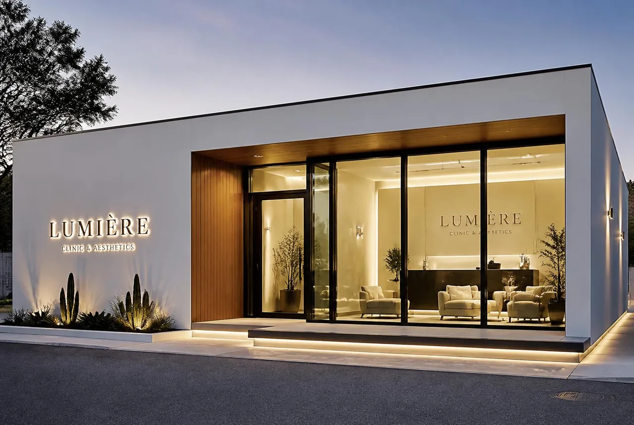 Clínica modular premium Envok em Steel Frame com fachada branca, caixilhos escuros e recepção iluminada em vidro ao entardecer