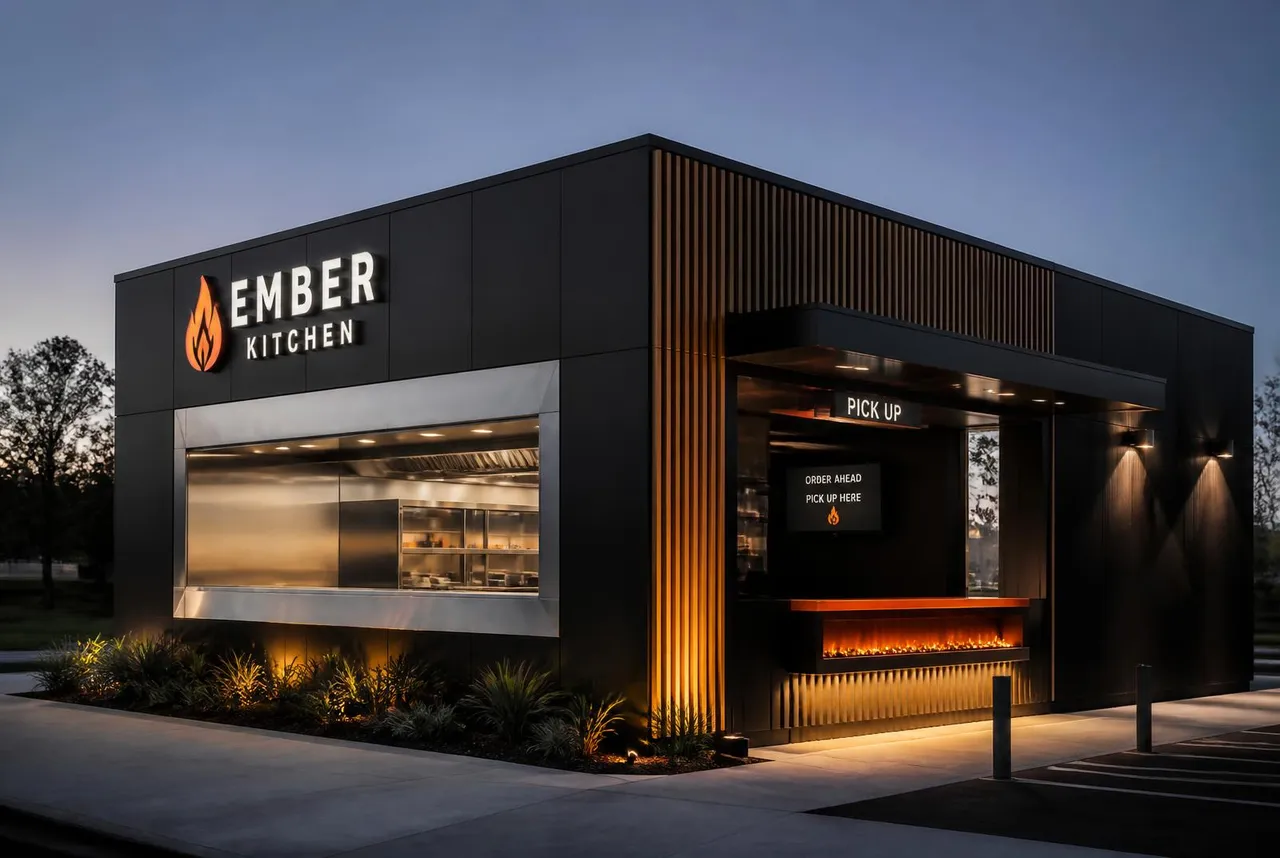 Dark kitchen modular Envok em Steel Frame com fachada em ACM preto, ripado de madeira e balcão de coleta iluminado ao entardecer