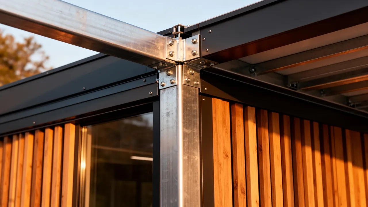 Detalhe técnico da estrutura de aço galvanizado Envok em corte de parede modular premium
