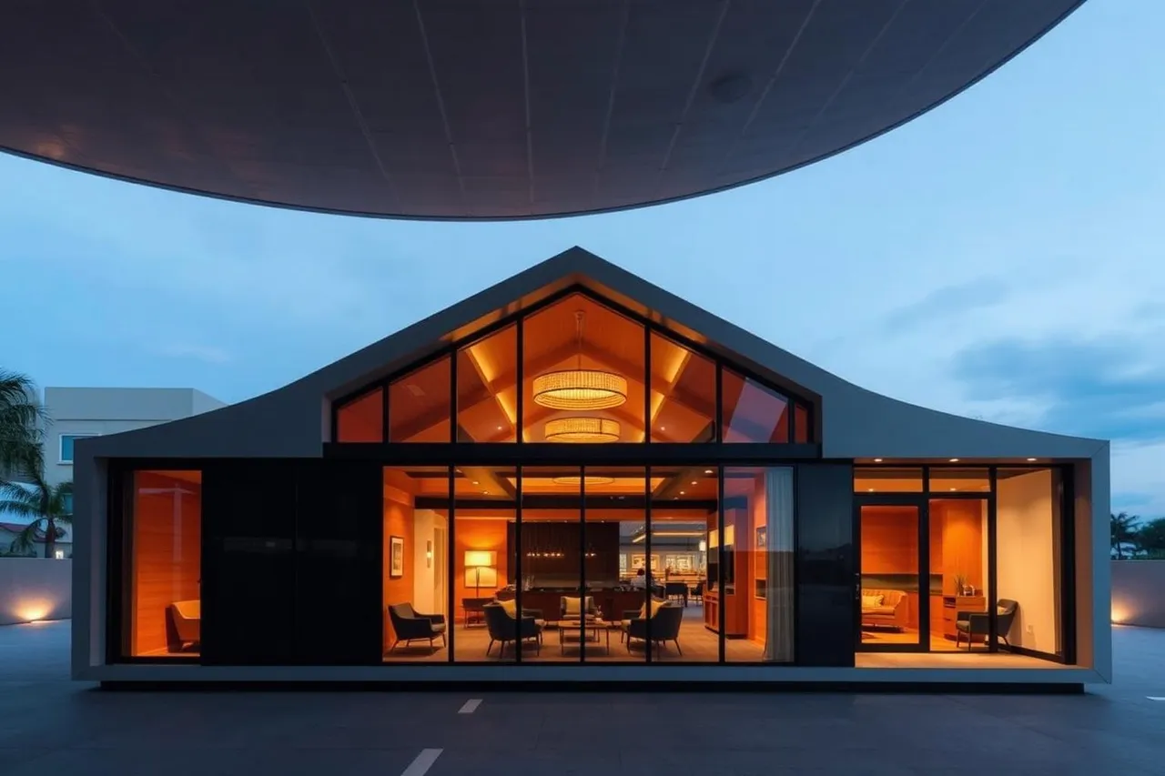 Escritório satélite e lounge corporativo modular Envok, pavilhão térreo com interior em padrão hotelaria visível através de grandes panos de vidro ao entardecer