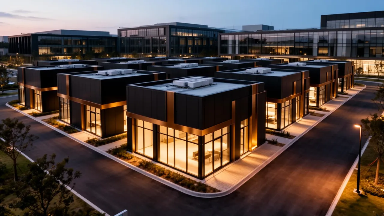 Cluster aéreo de boxes modulares térreos Envok em campus corporativo, fachadas em chapa metálica escura com detalhes em bronze e pele de vidro iluminada ao crepúsculo