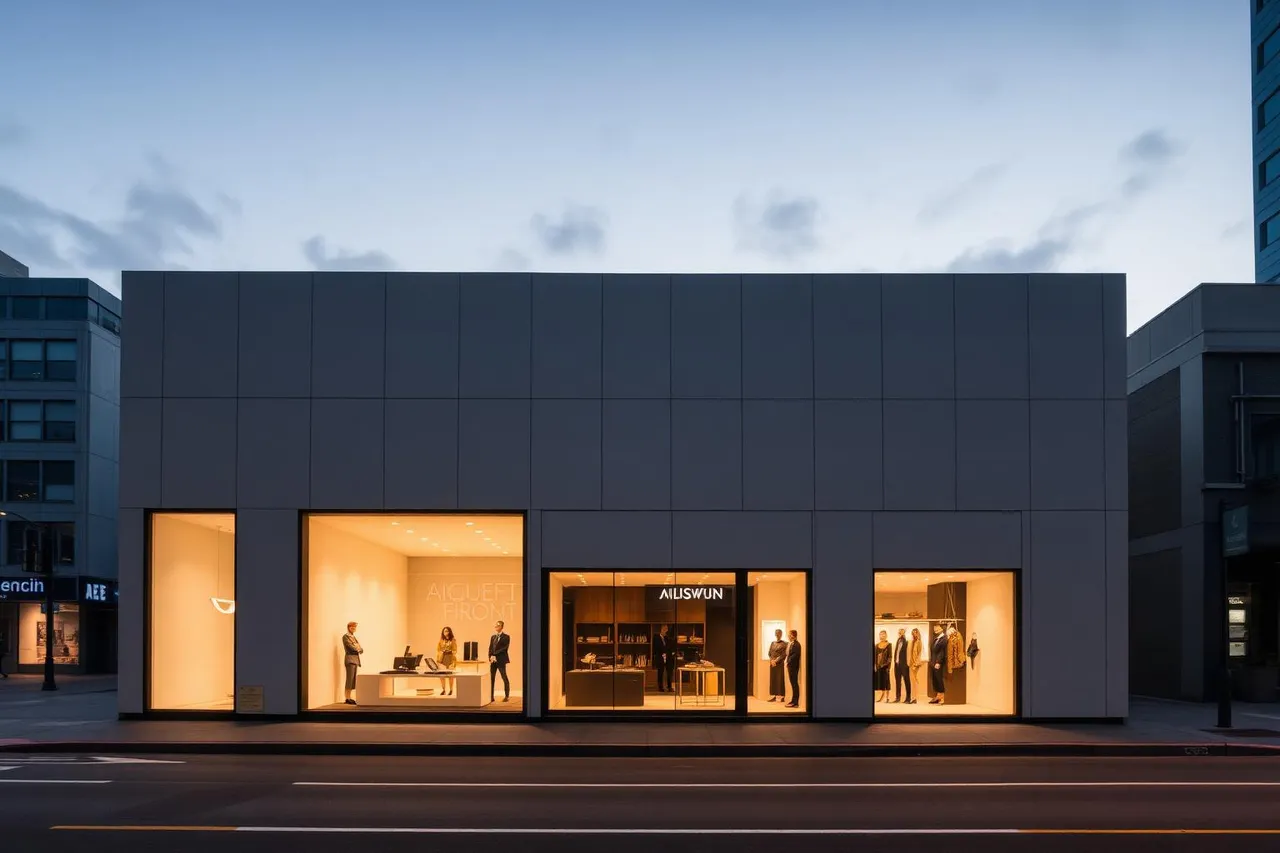 Flagship store modular premium Envok em rua urbana ao entardecer, fachada minimalista com grandes panos de vidro e iluminação cinematográfica