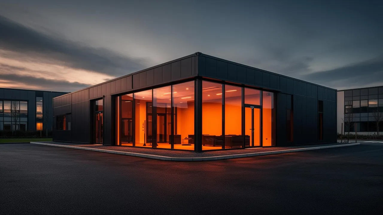 Box modular térreo Envok em parque empresarial corporativo, fachada em chapa metálica antracite e pele de vidro com iluminação interna ember ao entardecer