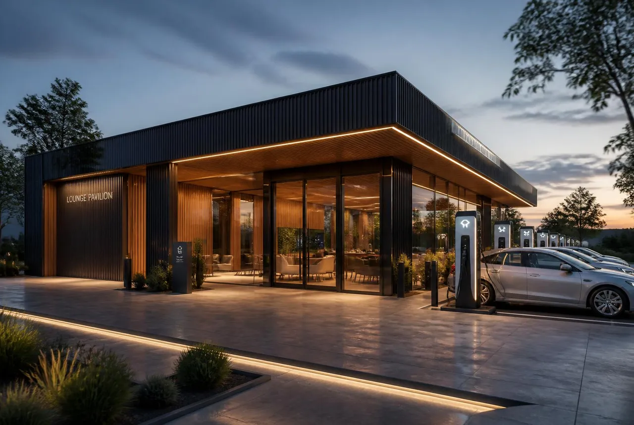 Lounge modular Envok em Steel Frame ao lado de estações de recarga elétrica, com fachada escura, madeira e marquise iluminada ao entardecer