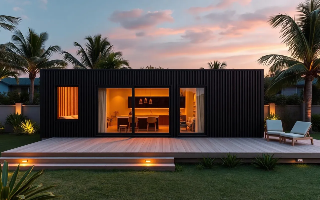 Kitnet modular Envok em Steel Frame com fachada em ACM escuro e ripado de madeira, deck privativo iluminado ao entardecer para operação de Airbnb premium