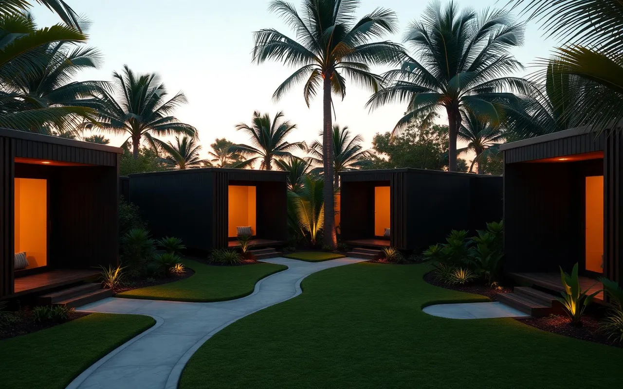 Cluster de kitnets modulares Envok em Steel Frame agrupadas em torno de pátio central paisagístico, operação de pocket resort para Airbnb premium
