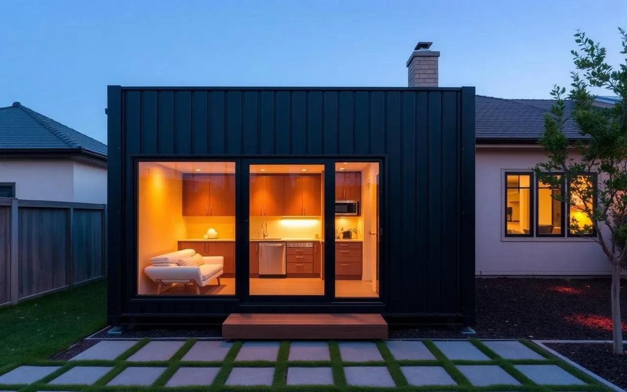 Casa de fundos modular Envok instalada no quintal de residência existente, fachada em ACM escuro com portas de vidro iluminadas ao entardecer