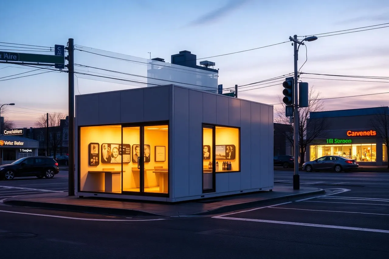 Cubo modular premium Envok de micro-varejo em esquina comercial ao entardecer, fachada de vidro com luz quente, contexto urbano e estacionamento