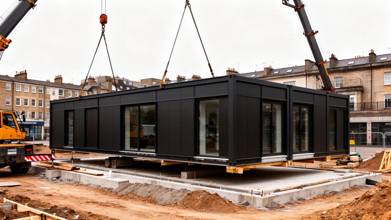 Fachada comercial moderna em retrofit modular premium Envok, expansão acoplada em Steel Frame com iluminação elegante ao entardecer