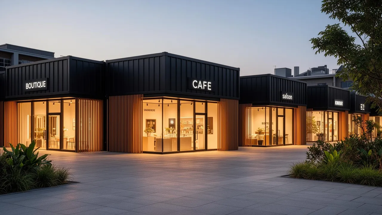 Edifício comercial modular premium Envok ao entardecer, fachada contemporânea em Steel Frame com iluminação sofisticada e paisagem urbana
