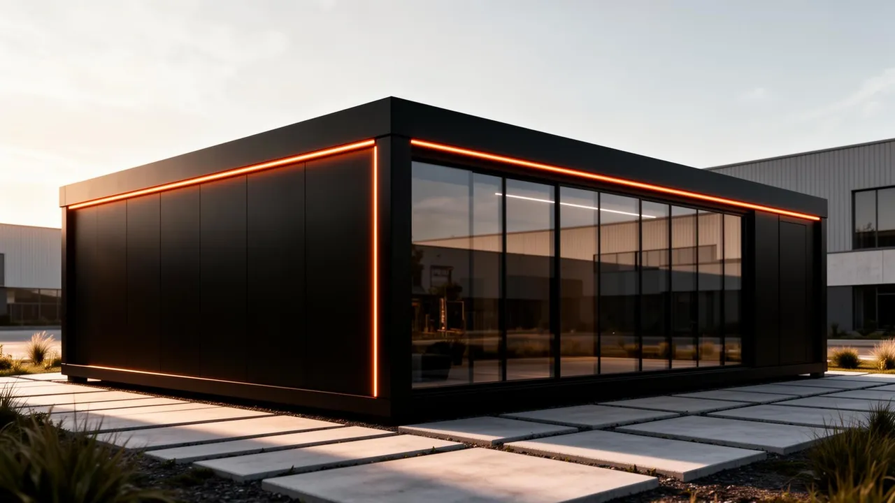 Showroom modular térreo Envok em parque industrial, fachada matte black com detalhe linear em LED ember e pele de vidro panorâmica refletindo o entorno