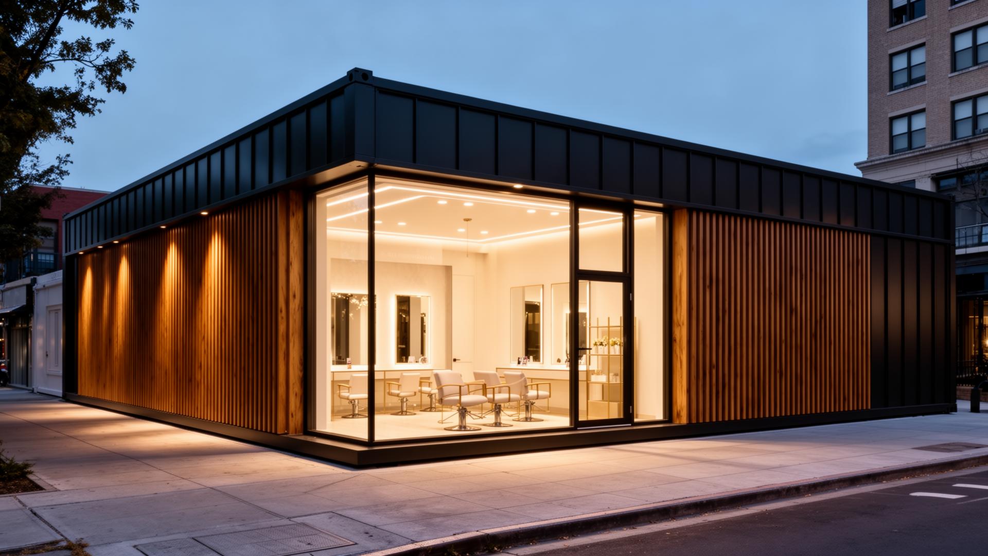 Studio modular premium ENVOK para estética e barbearia em Steel Frame com design sofisticado