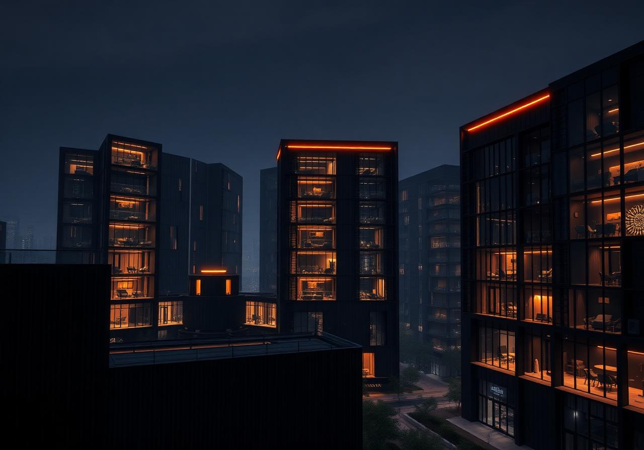 Complexo de módulos comerciais ENVOK em Steel Frame iluminados à noite