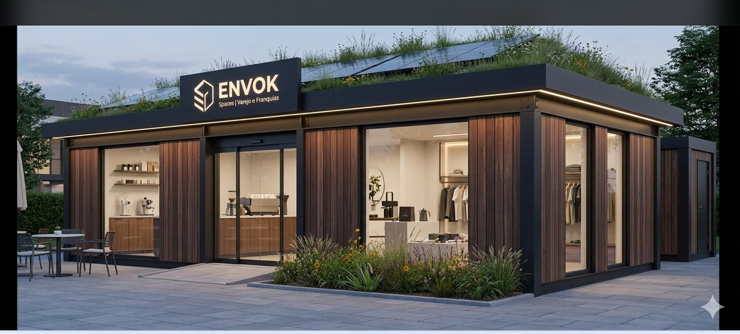 Estrutura comercial em Light Steel Framing ENVOK iluminada à noite — arquitetura modular premium